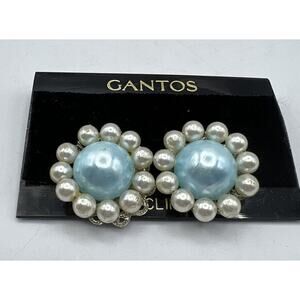Jewelry Earrings Gantos Blue White Faux Pearl Clip-On 1 in Diameter Japan 1950s